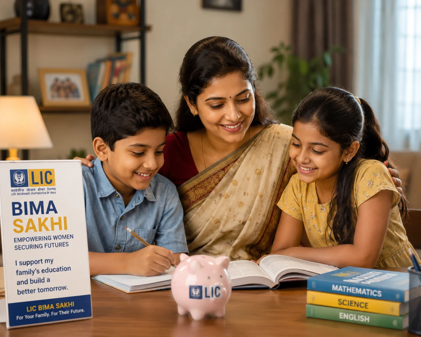 Indian mother with her children at home — LIC Bima Sakhi helps women support their family's education