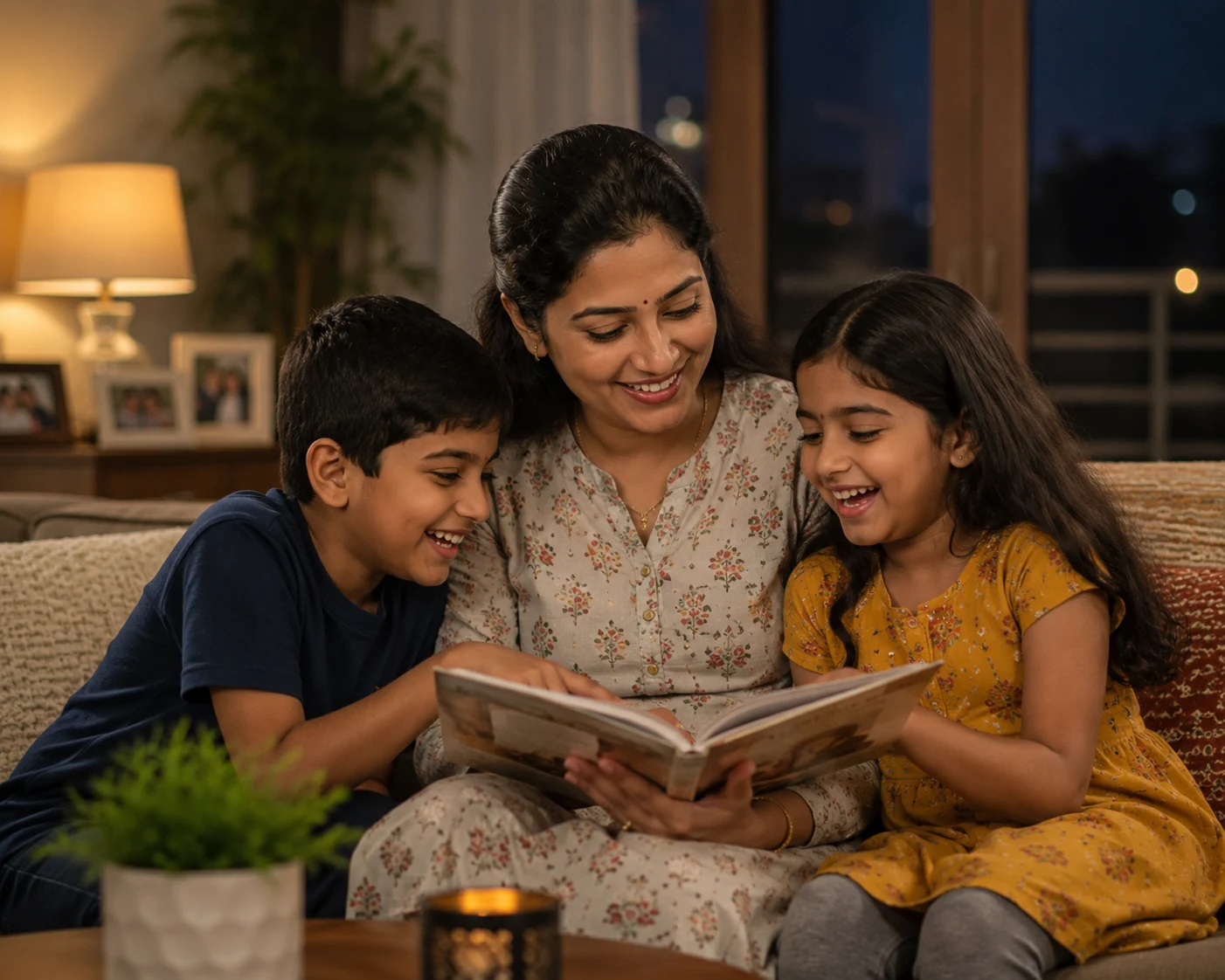Indian mother spending quality evening time with family after work — Bima Sakhi work life balance