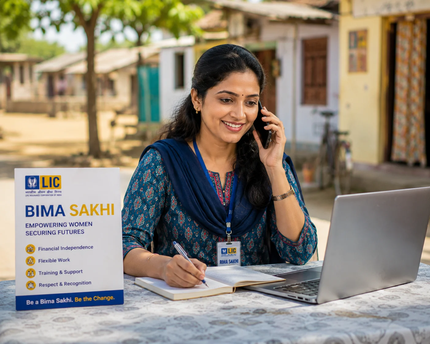 Indian woman on a morning client phone call — Bima Sakhi flexible work schedule