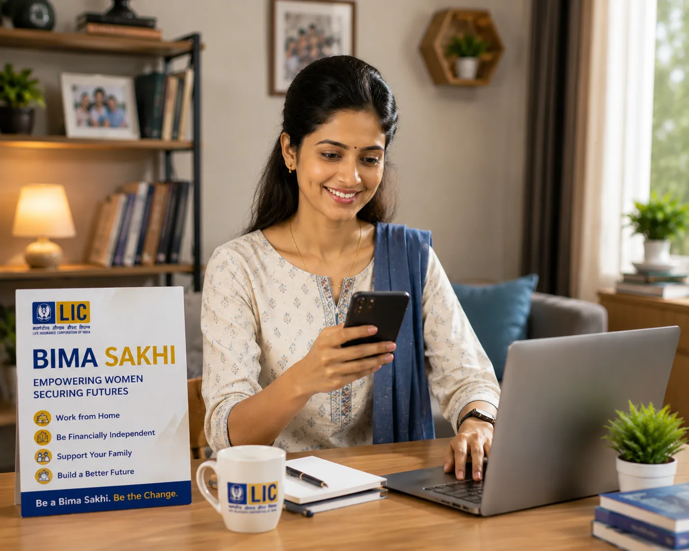 Indian woman working on her mobile phone from home — earning income through LIC Bima Sakhi